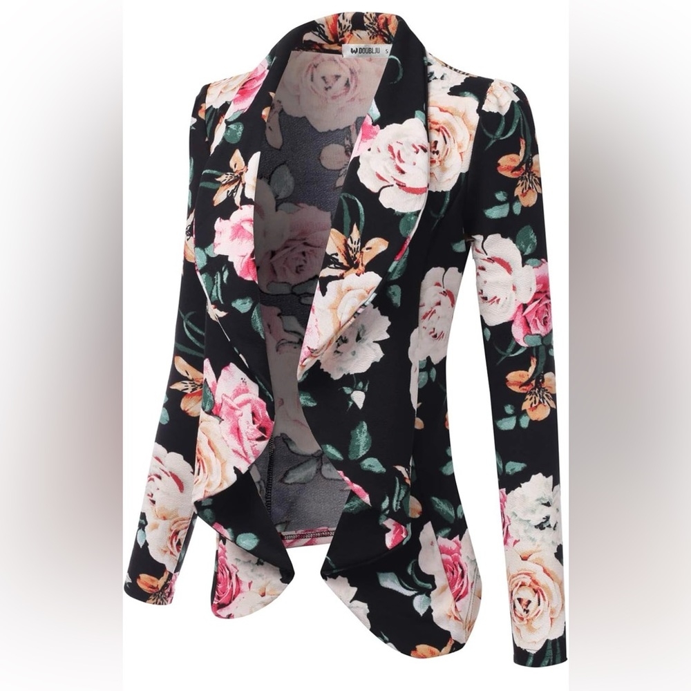 DOUBLJU Draped Open Front Long Sleeve Business Casual Blazer Black Floral Medium